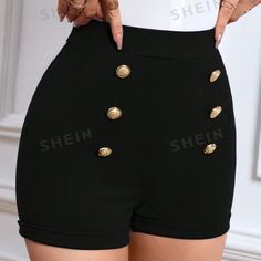 Shein Priv High Waist Button Detail Shorts Size: M In Original Packaging High Waist Black Shorts Outfit, Black Shorts Outfit, Gothic Shorts, King Anime, Shein Shorts, Teen Outfits, Black High Waisted Shorts, Shorts Outfits, Dress Shorts