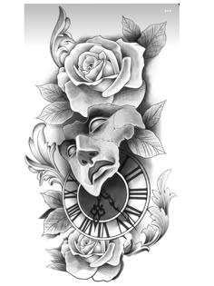 a black and white drawing of a clock with roses on the front, and a skull in the back