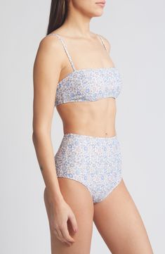 A classic Liberty floral print enlivens this bandeau bikini top with wide-set straps and side darts for a versatile fit. Clasps at back Lined 78% polyamide, 22% elastane Hand wash, dry flat Made in the USA Beach Wardrobe, Blue Bathing Suit, Liberty Floral, Beach Fits, Liberty London, Swimsuits High Waisted, Cute Swimsuits, Swim Suits, Blue Swimsuit