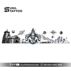 an image of the hindu god sitting in front of mountains and planets with text that reads,