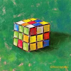 a painting of a rubik cube on a green background