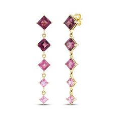 With drama and dazzle, these pink gemstone drop earrings are a whimsical work of art. 10K yellow gold Graduated-size square-cut gemstones — including rhodolite garnets, pink sapphires and pink tourmalines — cascade in a vibrant color gradient Friction backs Pink Multi-stone Earrings In Fine Jewelry Style, Pink Multi-stone Earrings Fine Jewelry, Gemstone Drop Earrings, Color Gradient, Red Gemstones, Rhodolite Garnet, Pink Gemstones, Square Cut, Accessories Jewelry Earrings