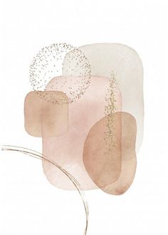 an abstract painting with pink and gold shapes on white paper, including dots in the middle