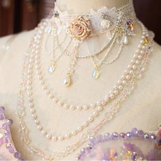 TAVIMART - Original Lolita Handmade Lolita Rose Lace Necklace Choker Pearl Crystal Accessories Kawaii, Rococo Jewelry, Pink Gold Necklace, Choker Pearl, Halter Dress Short, Lace Choker Necklace, Pearl Lace, Princess Core, Luxury Duvet Covers