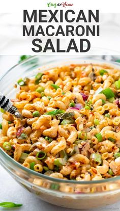 mexican macaroni salad in a glass bowl with the title text overlay above it