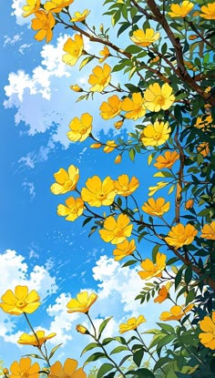 some yellow flowers and blue sky with clouds