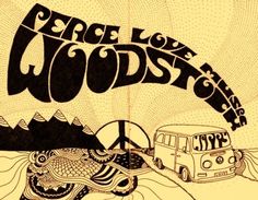 a black and white drawing of a bus driving down the road with peace love woodside written on it