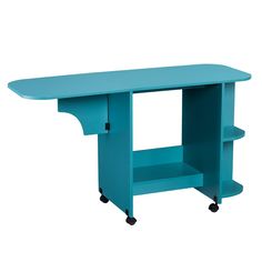 a blue table with wheels on the bottom and an open shelf below it, against a white background