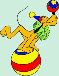 an image of a cartoon character on top of a ball with a clown hat and pom - pom around his neck