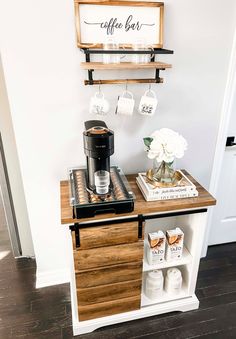 the coffee bar is organized and ready to be used