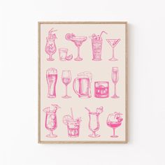 a pink poster with different types of drinks and glasses on it's side, in front of a white wall