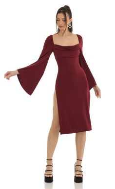 Flare Sleeve Midi Dress in Red | LUCY IN THE SKY Fav Outfit, Active Wear Dresses, Dark Red Dresses, Red Silk Dress, Wine Dress, Maxi Romper, Lucy In The Sky, Red Velvet Dress, Casual Day Dresses