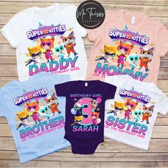 three personalized onesuits with the name and number for each child's birthday