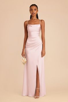 Lydia Gold Cowl Neck Matte Satin Bridesmaid Dress | Birdy Grey Pink Satin Bridesmaids, Blush Pink Bridesmaids Dresses, Satin Blush Bridesmaid Dresses, Light Pink Bridesmaid Dress, Prom Dresses Rose, Bridesmaid Dresses Light Pink, Pale Pink Wedding Dress, Light Pink Long Dress, Cowl Neck Bridesmaid Dress