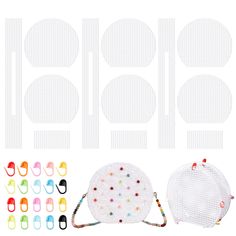 the back side of a white bag with several different colored dots on it and two pieces of