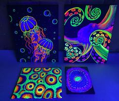 three canvases are lit up with neon colors and jellyfishs in the water