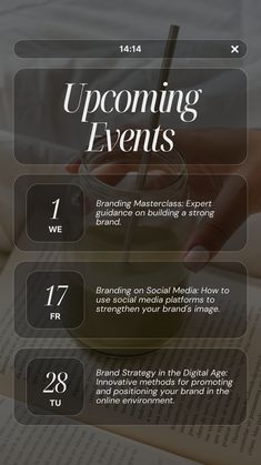 an open book with text on it that says upcoming events