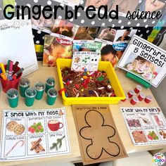 the gingerbread science project is displayed on a table with other items and materials for making gingerbread cookies