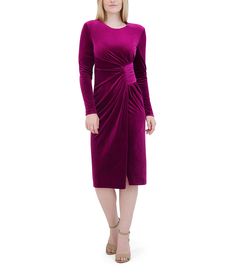 From Eliza J&#x2C; this dress features: Velvet fabrication Crew neckline Long sleeves Gathered side detail Back zip closure Approx. 42" length Polyester Hand wash Imported. Side Dress, Modern Feminine, Black Tie Wedding, Eliza J, Wedding Cocktails, Fuchsia Color, Dress 16, Dillard's, Real Women