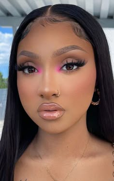 Facebeat Make Up, Senior Picture Ideas Makeup, Pink Makeup Looks For Birthday, Natural Beat Makeup With Rhinestones, Club Makeup Black Women, I’d Photo Makeup, Prom Make Up Black People, Pink Eye Looks Black Women, Makeup Looks Pop Of Color