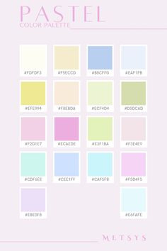 pastel color palette with the names and colors for each one in different shades, including pink