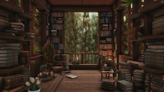 a room filled with lots of books next to a wooden floor covered in plant life