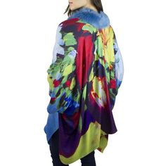 JESSICA MCCLINTOCK FLORAL SO SOFT KIMONO WITH FAUX MINK FUR TRIM Size: One Size.  Color: Blue.  Gender: female.  Age Group: adult. Jessica Mcclintock, Mink Fur, Blue Gender, Fur Trim, Gender Female, Age Group, Color Blue, Womens Tops, Trim