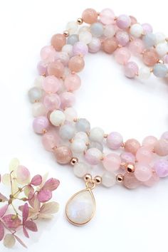 Rose Quartz, Moonstone, Kunzite, Aquamarine and Sunstone mala necklace, New Beginnings mala, 108 beads,rose gold,gemstone mala, gift for her NEW BEGINNINGS     GROWTH     PROSPERITY     TRUST     TRANSFORMATION   Wear this mala necklace and feel their positive energy provide you with the energy for new beginnings! Open your mind and heart to the transformation you desire and have trust in the journey towards prosperity. Feel the strong connection of Moonstone, Kunzite, Rose Quartz, Aquamarine an Rose Quartz Mala, Mala Jewelry, Mala Bead Necklace, Rose Quartz Jewelry, 108 Mala Beads, 108 Bead, Mala Bracelet, Mala Necklace, Moonstone Pendant