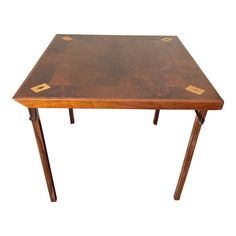 a wooden table with two legs and a square shaped top, on a white background