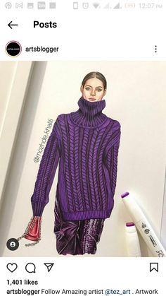 a drawing of a woman wearing a purple sweater