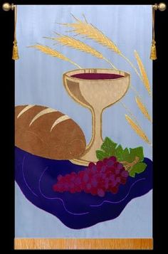 a painting of bread, grapes and a chalicee on a blue background with gold trim