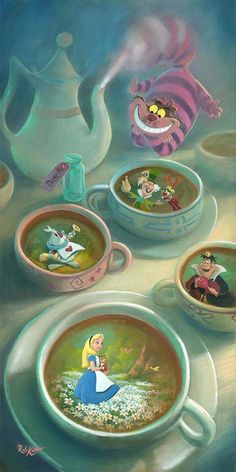 there are many cups and saucers with cartoon characters in them