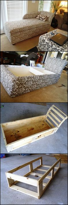 two pictures showing the process of making a couch out of pallets and plywood