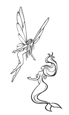 a black and white drawing of a fairy