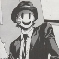 a man in a suit and tie with a goofy face drawn on his face wearing a hat