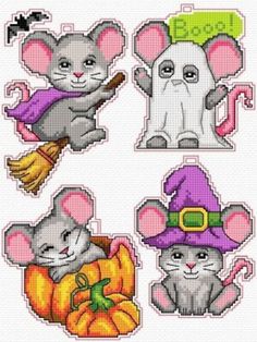 cross stitch pattern for halloween with mice and pumpkins