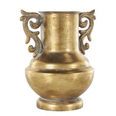 a gold vase with an ornate design on the top and bottom, sitting against a white background