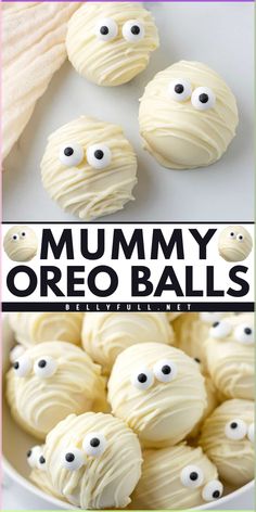 there is a bowl full of oreo balls with googly eyes on them and the title above it reads, mommy oreo balls