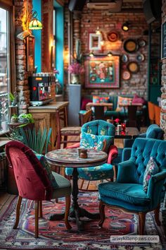 a room filled with lots of colorful furniture and walls covered in pictures on the wall