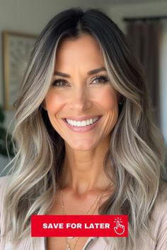 Silver & White Highlight Ideas for Gray Hair >>> If your brunette hair is starting to go a bit gray, beat it to the punch with a color combo packed with pizazz, like ashy gray and silver balayage. Brunette is the perfect base tone for ashy gray and silver balayage to create a natural multidimensional look that brings a cool and slightly edgy vibe. Click here to check out more ravishing silver and white highlight ideas that redefine aging gracefully. Root Smudge Brunette, Ideas For Gray Hair, Chocolate Cherry Hair, Silver Balayage, Warm Brown Hair