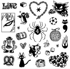 an image of various tattoos on a white background with black and white images, such as cats