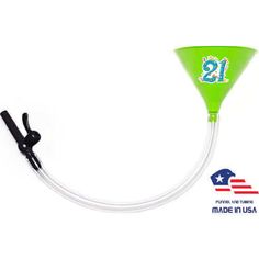 a green and white plastic funnel with the number 31 on it's side, attached to