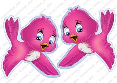 two pink birds with blue eyes and one has its wings spread out to the side