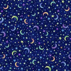 a blue background with stars and crescents in the night sky, as well as many smaller