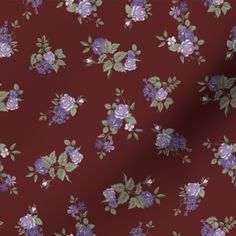 a red background with purple and blue flowers on it's sides, all over the surface