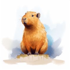 a watercolor painting of a rodent sitting on top of a box looking up