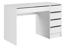 a white desk with two drawers and one drawer on the bottom shelf is shown in front of a white background