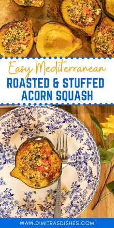 an easy mediterranean roasted and stuffed acorn squash recipe on a plate with a fork