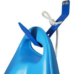 a child's blue plastic water slide with rope attached to the top and bottom