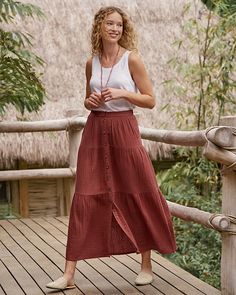 Take this easygoing maxi skirt for a spin any day or night through the season. Airy, soft, and beyond comfy in our organic-cotton double gauze, and detailed with soft gathers, perfectly placed tiers, and a sweep of buttons in front that ends above the hem for added swing.  Exclusive. Pull-on style. Flat front waistband; elastic in back. Angled pockets. Classic Feminine Style, Gauze Skirt, Gauze Skirts, India Clothes, Classic Feminine, Virtual Wardrobe, Tiered Maxi Skirt, Garnet Hill, Perfect Wardrobe